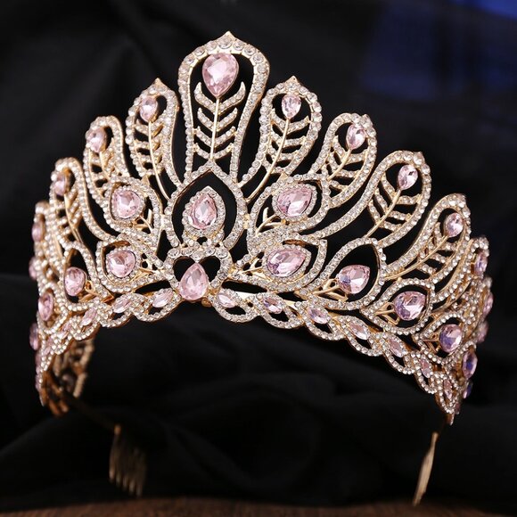 Princess gold crown, Pink Crystal Crown, Peacock Tail Shape, Stunning Headpiece - Picture 2 of 4